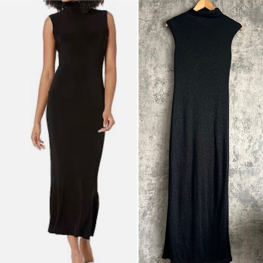 Black elegant turtle neck sleeveless dress shimmery fabric with back slit size S